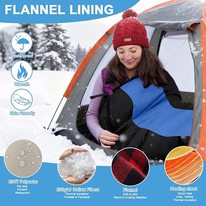 Longzhuo Heated Sleeping Bags for Adults Kids - Portable USB Power Warm Sleeping Bag for Camping with 4 Heating Zones, Cold Weather Sleeping Bag for All Season Camping Hiking Backpacking