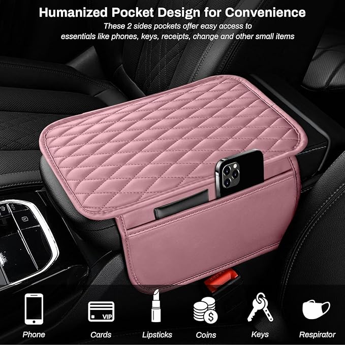 Car Center Console Cover, Upgraded Microfiber Leather Car Arm Rest Cover with 2 Storage Bags, Universal Armrest Cover for Car Storage Box Car Interior Accessories Protector for Most Vehicle-Pink