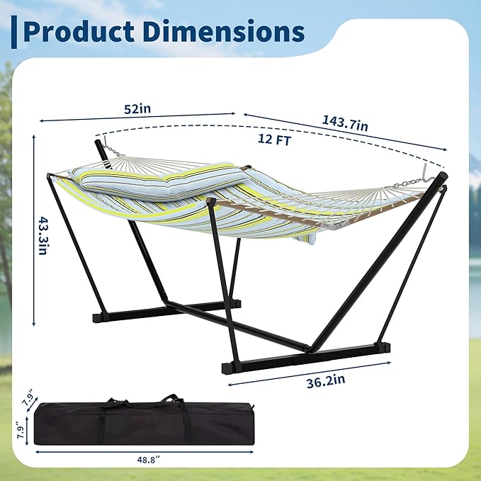 2 Person Double Hammock with Adjustable Steel Stand & Pillow, Heavy Duty Portable Outdoor Hammock Set, MAX 450 LBS Weight Capacity for Patio, Garden, Beach, Backyard