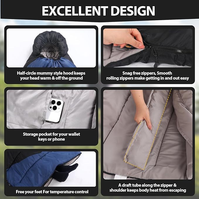 Lightweight 3-Season Sleeping Bag for Adults/Kids Camping, Compact w/Compression Sack, Waterproof Ripstop, Portable for Backpacking Hiking Travel