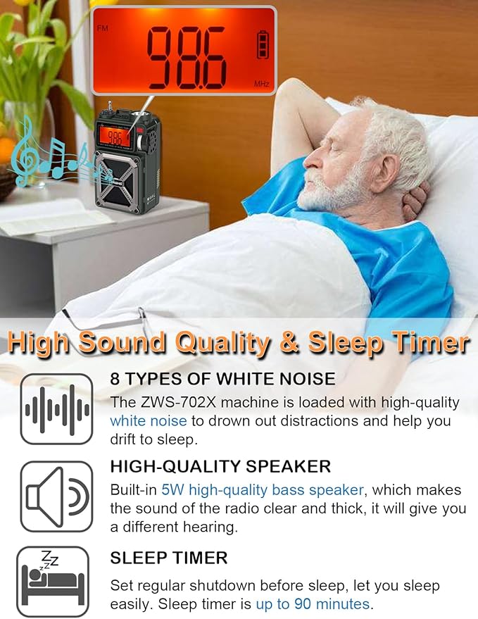 ZHIWHIS Shortwave Radio with Bluetooth, AM/FM/SW/NOAA Weather Emergency Radios, Hand Crank/Solar/4000mAh/SOS/White Noise/Bass/Flashlight/Retro Receiver with Preset, Support USB/TF ZWS-702X
