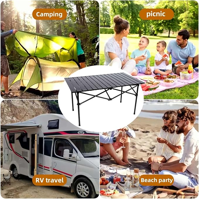 Folding Camping Table, Portable Beach Table,with Portable Bag，Suitable for Indoor, Outdoor, Camping, Backyard, Party, Patio, The Black Camping Table at The Beach