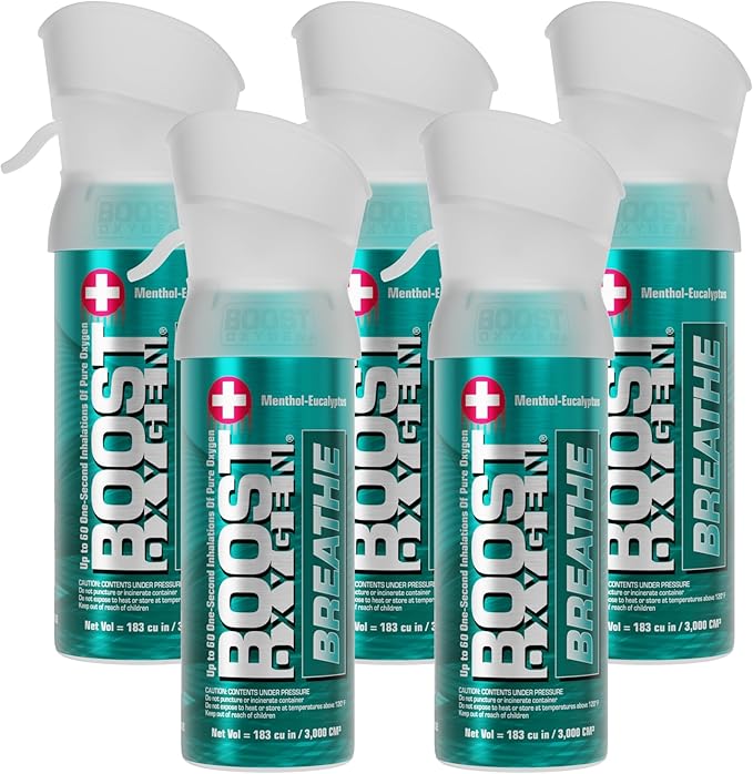 Boost Oxygen Pocket Size Breathe Menthol-Eucalyptus Aroma 3L Canister | Respiratory Support for Altitude, Performance & Health (5 Pack)