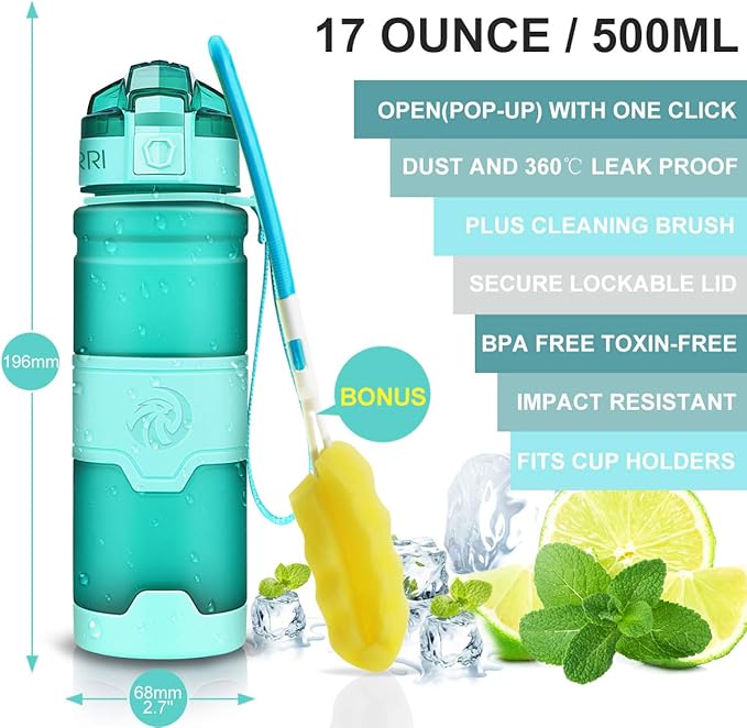 ZORRI Sports Water Bottle, 400/500/700ml/1L, BPA Free Leak Proof Tritan Lightweight Bottles for Outdoors,Camping,Cycling,Fitness,Gym,Yoga- Kids/Adults Drink Bottles with Filter, Lockable Pop Open Lid