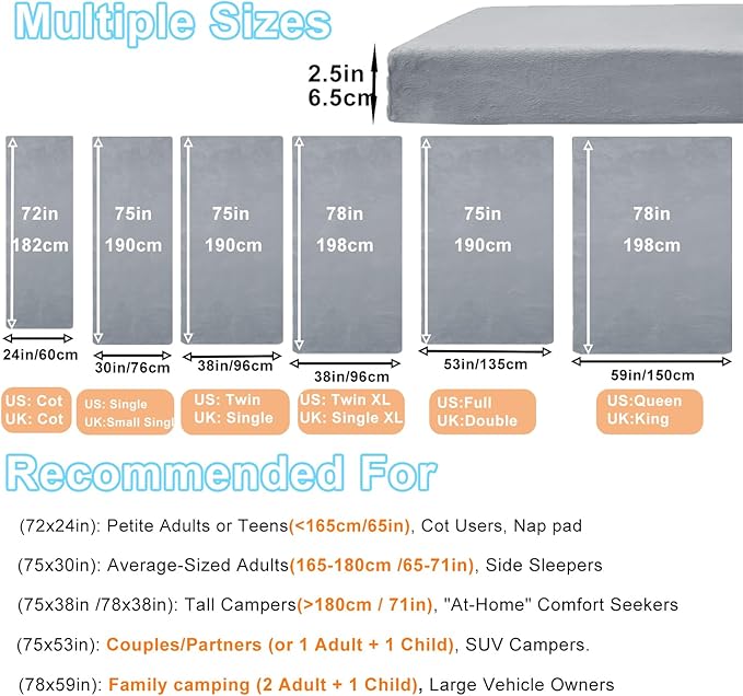 Foam Camping Mattress - Portable Sleeping Pad for Camping, Tent, Car & Floor - Washable Cover & Roll Up Travel Bag - Cot Mattress for Travel & Guests