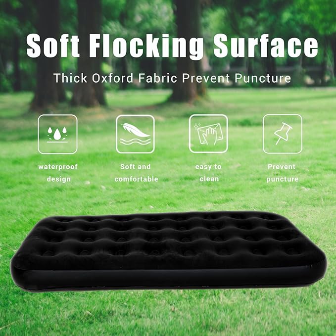 Onirii Twin Size Single Camping Air Mattress Bed with Air Pump,75"x 39"Thickened Portable Inflatable Mattress Blow Up Air Mattress,Travel Sleeping Bed Pad for Camping Home Hiking(Black)