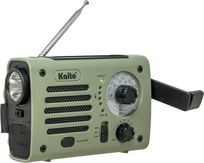 Kaito KA380 Emergency Radio & Portable Bluetooth Speaker – AM/FM NOAA Weather Radio Rechargeable with Solar Panel and Hand Crank Army Green
