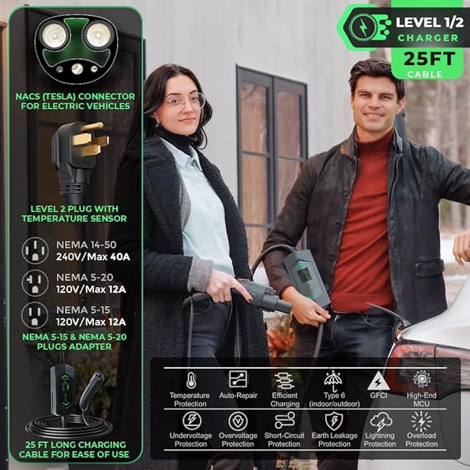 MACH 3 Fast 40 Amp Level 1&2 Portable EV Charger, NACS Connector Electric Vehicle Charging Station, 120-240V NEMA 14-50 w/ 5-15 Adapter. Outdoor EVSE, 25ft Cable with Holder
