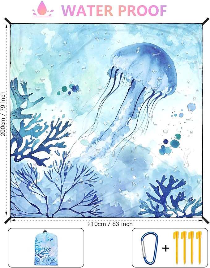 HIHOHO Beach Blanket Waterproof Sandproof Beach Mat for 1-8 Adults Quick Drying Durable Outdoor Picnic Mat for Beach Festival Travel Camping Hiking (Jellyfish, 79"×83"(4 Person))