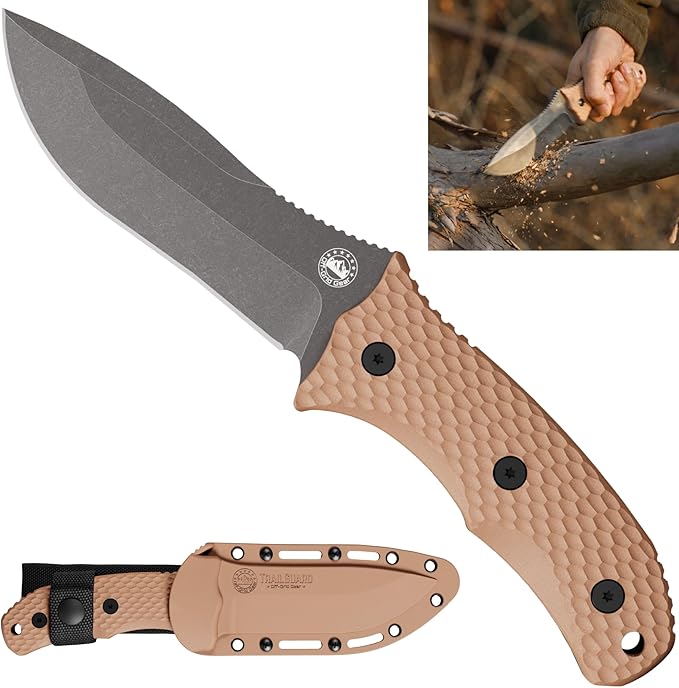 Off-Grid Gear TRAILGUARD Camping & Tactical Fixed Blade Knife, Stainless Steel Blade, Grippy FRN Scales, Sheath, Built For Campers, Preppers, Hunters, Fishermen, Survivalists, Handymen, Boaters, Bug Out Bag (Rustic Canyon)