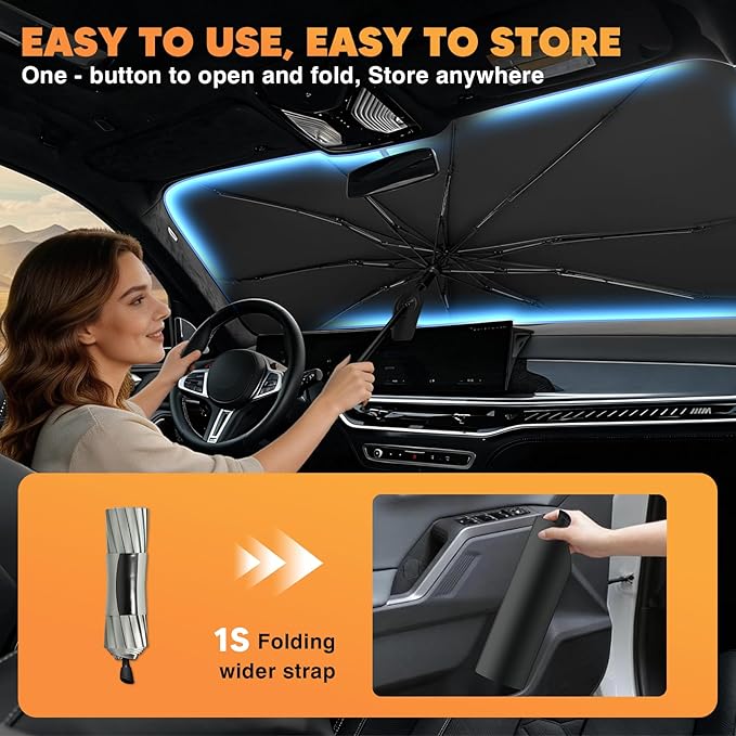 KUST Sun Shade Umbrella for Jeep Wrangler/Wrangler JL 2018-2025 2026 | Custom Fit Windshield Sunshade | Foldable Sunshade with Bendable Handle | Blocks Heat & UV Rays Keep Car Cool Sunshield