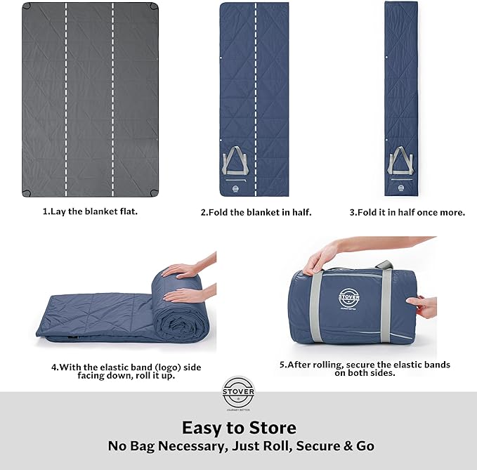 STOVER Large Waterproof Outdoor Stadium Blanket - Extra Thick Soft Fleece Camping Blanket for Travel, Picnics, Sports, Dogs - 79"x55", Warm, Windproof, Sand-Proof, Lightweight, Packable (Stadium Blue)