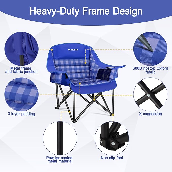Youtanic Padded Camping Chairs for Adults, Heavy Duty 400 lbs Foldable Lawn Chair, Oversized Ergonomic Outdoor Seat with Plaid Design, Cup Holders & Storage Pockets for Fishing, Sports, Blue
