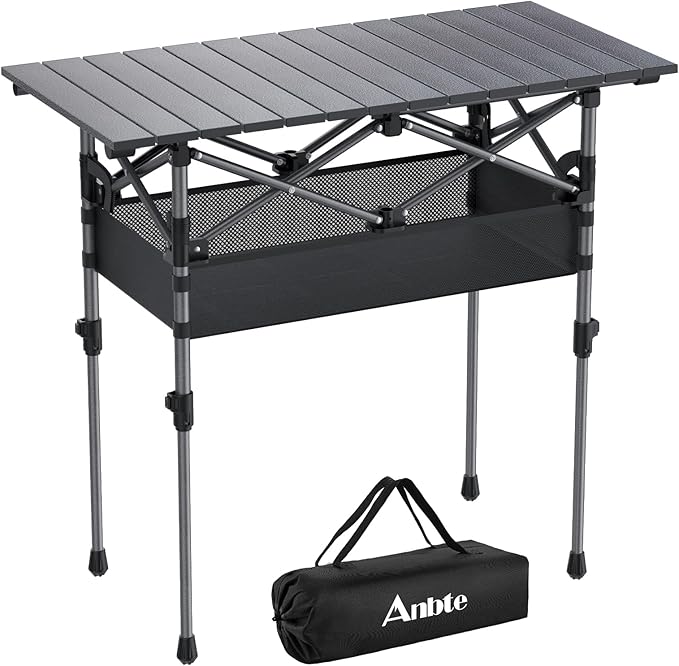 Anbte 3ft Aluminum Roll Top Camping Table, 2 Adjustable Height Camping Table Folding with Storage Net & Bag Lightweight Roll Up Table for Indoor Outdoor Backyard BBQ Patio Picnic, 32.2” X 16”, Black