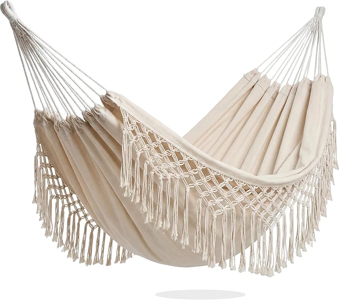 PNAEUT Double Hammocks for Outside, Replacement Outdoor Tree Hammock for Indoor Patio Porch Garden (Tassel Beige, Medium)
