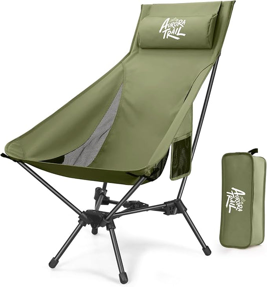 AuroraTrail High Back Folding Camping Chair with Pillow – Lightweight Portable Outdoor Chair with Cup Holder & Carry Bag, Sturdy Aluminum Frame Supports up to 374 lb for Camping, Hiking & Festivals