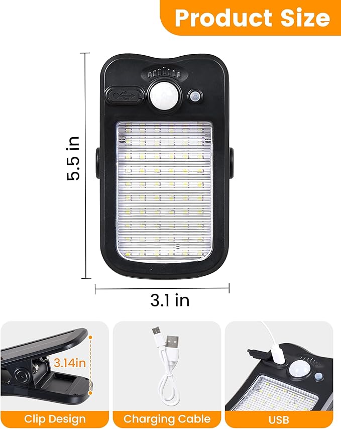 Clip on Solar Lights for Fence, 3 Modes Solar Motion Lights Outdoor Waterproof, 60LEDs 500LM Portable Security Light for Fence, Deck, Garage, Camping, USB Charging, 4 Black
