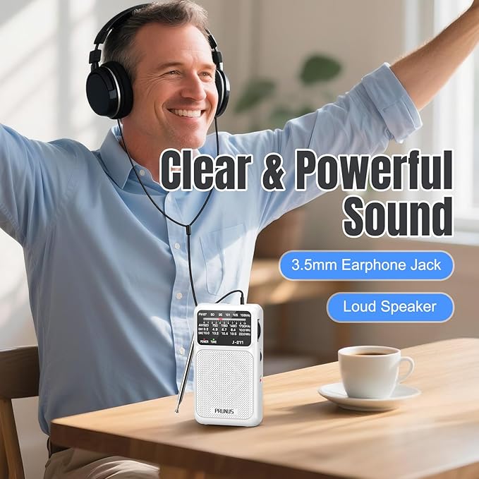 PRUNUS J-211 Portable Radio AM FM with USB Charging and AA Battery Operated, Transistor Radio, Strong Reception& Clear Speaker, Headphone Jack, Back Clip, Lanyard, Small radios Portable AM FM