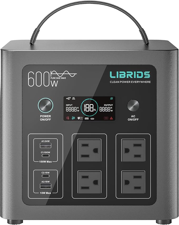 LIBRIDS Portable Power Station, 600W Solar Generator (1200W Surge), 640Wh LiFePO4 Battery, 1.5H Fast Charge, 10ms UPS, 8 Ports(4 AC) for Camping, Home Backup & Outages - Black