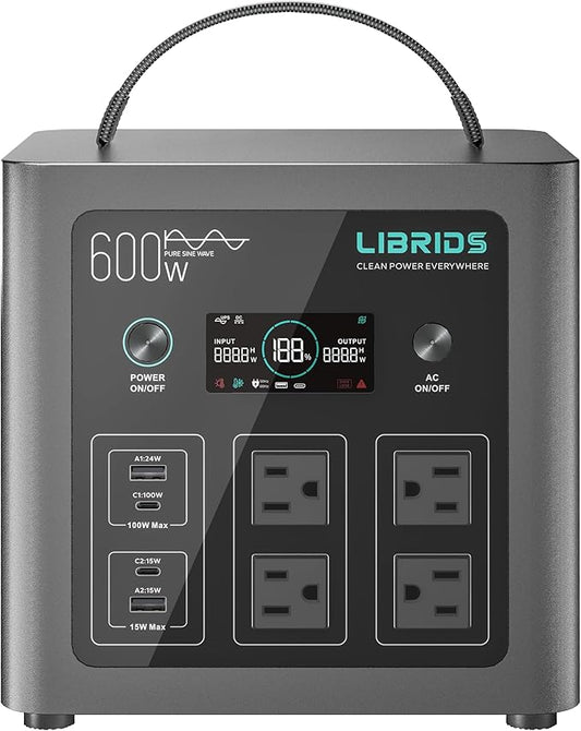 LIBRIDS Portable Power Station, 600W Solar Generator (1200W Surge), 640Wh LiFePO4 Battery, 1.5H Fast Charge, 10ms UPS, 8 Ports(4 AC) for Camping, Home Backup & Outages - Black
