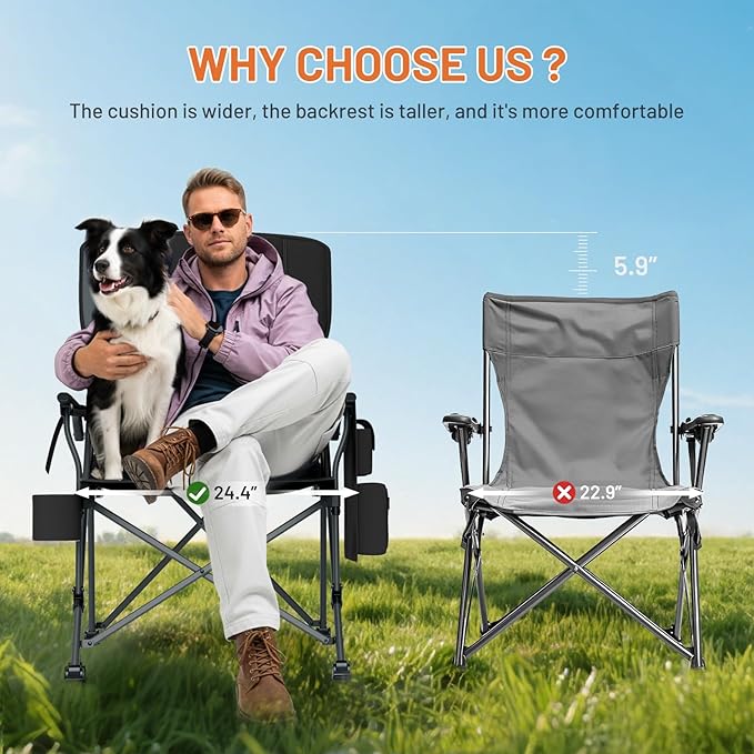TIMBER RIDGE Oversized Folding Camping Chair with Lumbar Support Adjustable High Back Heavy Duty for Adults Aluminum Support up to 500lbs with Cup Holder, Cooler Bag, Side Pocket