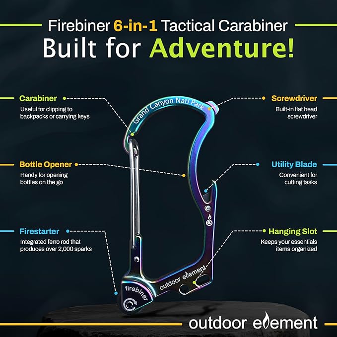 OUTDOOR ELEMENT Firebiner Custom Engraved 6-in-1 Fire Starter Carabiner Multitool – Survival Gear EDC Keychain with Utility Blade, Bottle Opener, Screwdriver, Emergency Tool