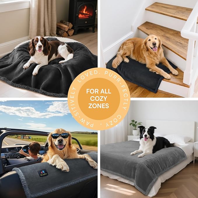 Luciphia Waterproof Bed Blanket Washable, Soft Sherpa Fleece Puppy Reversible Throw Blankets for Small, Medium Dog Cat, Furniture Cover Protector Couch from Liquid Pee and Pet Fur,Light Grey,57" x 40"