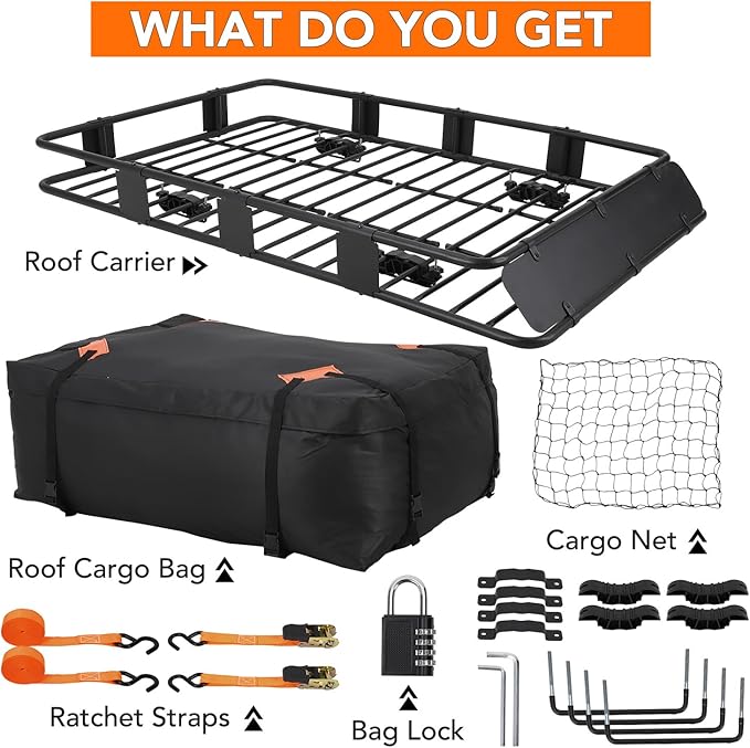 GarveeLife Heavy Duty Roof Rack Basket 64" x 39" - Adjustable Rooftop Cargo Carrier for SUV/Truck/Van w/Waterproof Bag, 200LB Capacity Universal Steel Roof Basket