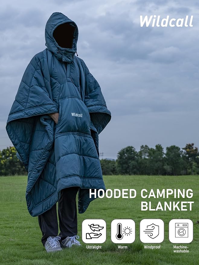 WildCall Hooded Camping Blanket with 3M Thinsulate Insulation Wearable Poncho Blanket Ultralight Foldable Quilt Sleeping Bag for Outdoor, Hiking, Stadium