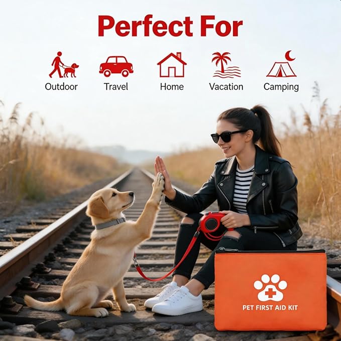 Portable Pet First Aid Kit, Emergency Kit for Dogs and Cats with Tick Remover Tools, Thermal Blanket Portable Waterproof Case for Hiking, Travel, Home, Car Use（102 pcs