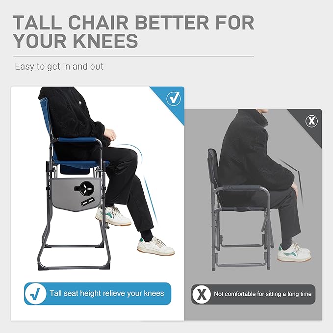 EVER ADVANCED Portable 30.7" Seat Height Tall Folding Camping Chair Directors Chair High Foldable Bar Stool with Side Table for Makeup Artist, Sports Event, Craft Show, Supports 350LBS