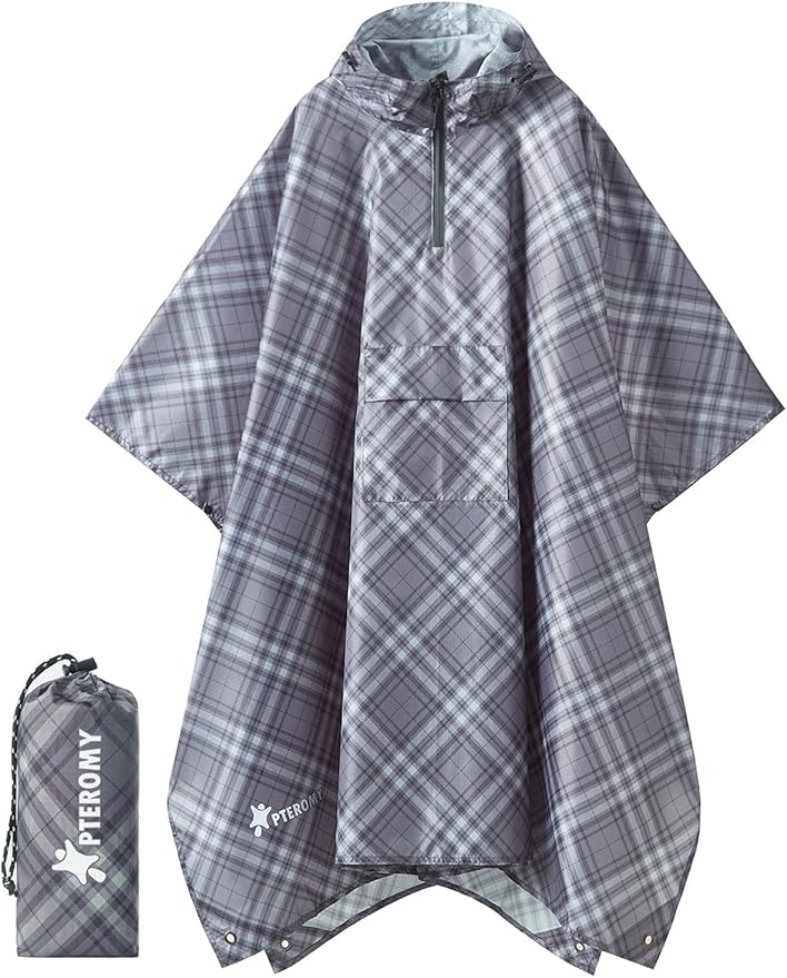 PTEROMY 3-in-1 Hooded Rain Poncho for Adult with Pocket, Waterproof Lightweight Unisex Raincoat for Hiking Camping Emergency