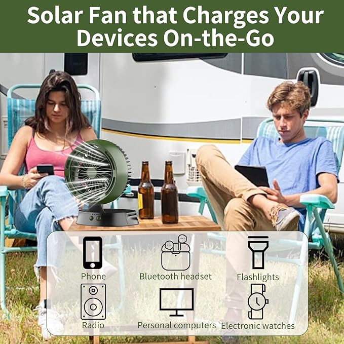 Portable Solar Fan - 10000mAh Big Battery, Compact & Lightweight, Solar-Powered, 4 Speeds & LED Light for Camping, Hiking & Emergencies!
