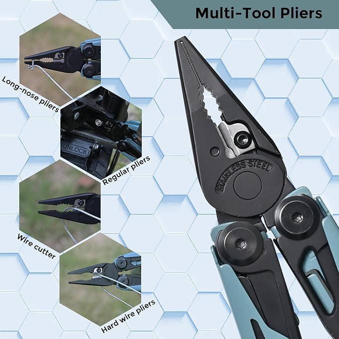 Multitool with Pocket Knife, 25-in-1 Stainless Steel Pliers and Screwdriver, Self-locking Multi-tool EDC Gear with Sheath, Suitable for Camping and Hiking (Greyblue)