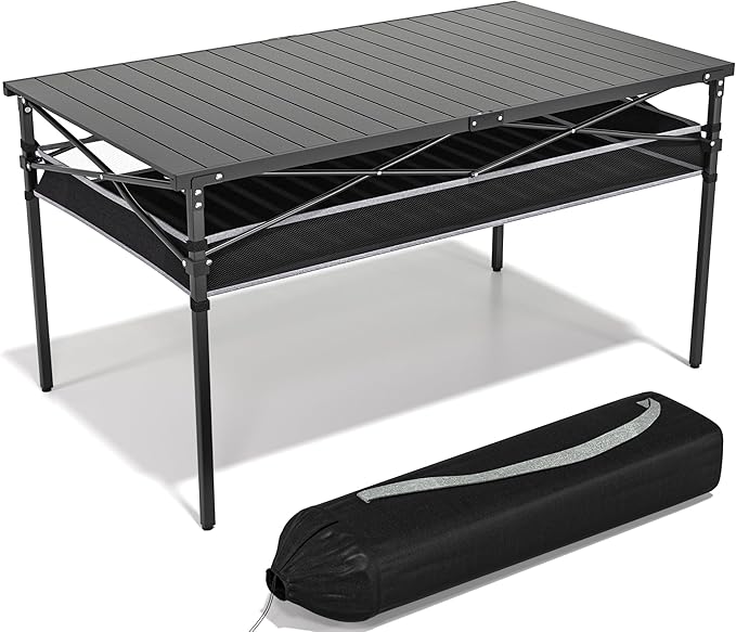 Folding Camping Table, Aluminum Roll-up Table with Storage Net and Carrying Bag, Outdoor Lightweight Camp Table for Picnic, Camping, Beach,Backyard, BBQ, Party, Patio