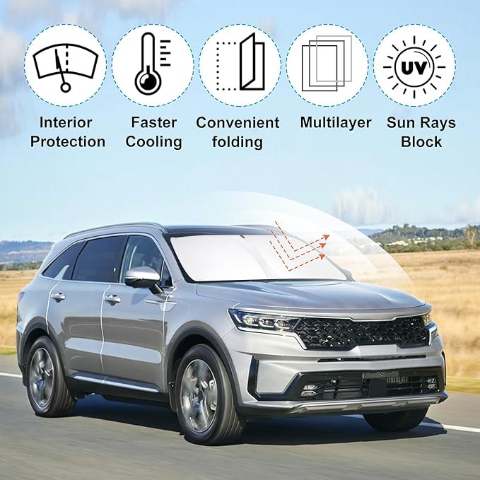 Windshield Sun Shade Custom Fit 2021 2022 2023 2024 2025 2026 Kia Sorento SUV Accessories Foldable Sunshade Sun Blocker Front Window Shades Covers Keep Car Cooler
