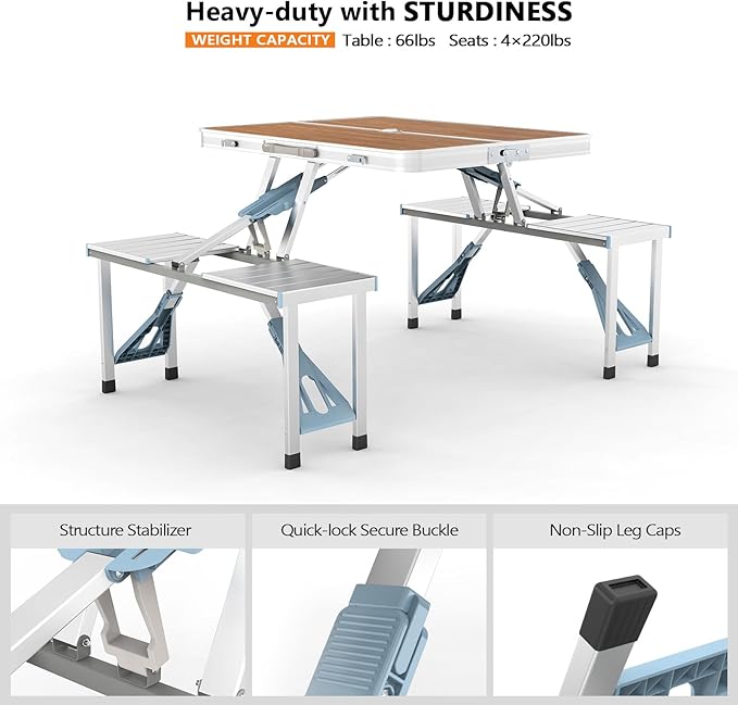 VINGLI 4 Ft Camping Picnic Table Set with 4 Seats with Umbrella Hole Folding Lightweight Suitcase Card Table-220 Lbs Support Aluminum Frame, Plastic RV Tabletop for Barbecue,Travel,Outing,Gathering