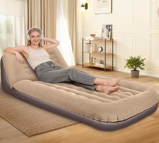 Luxfero Inflatable Couch for Camping, Air Mattress with Adjustable Backrest, Blow Up Couch for Adults with Flocked Surface, Portable Inflatable Lounge Chair, Air Sofa Bed for Indoor/Outdoor-No Pump