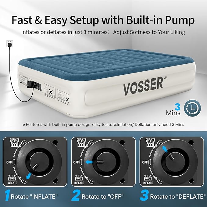 VOSSER Queen Air Mattress with Built-in Pump, Extra Thick Blow Up Mattress, Leak-Proof Air Bed with Storage Bag, Flocked Top Inflatable Mattress for Home, Camping & Guests，800lbs