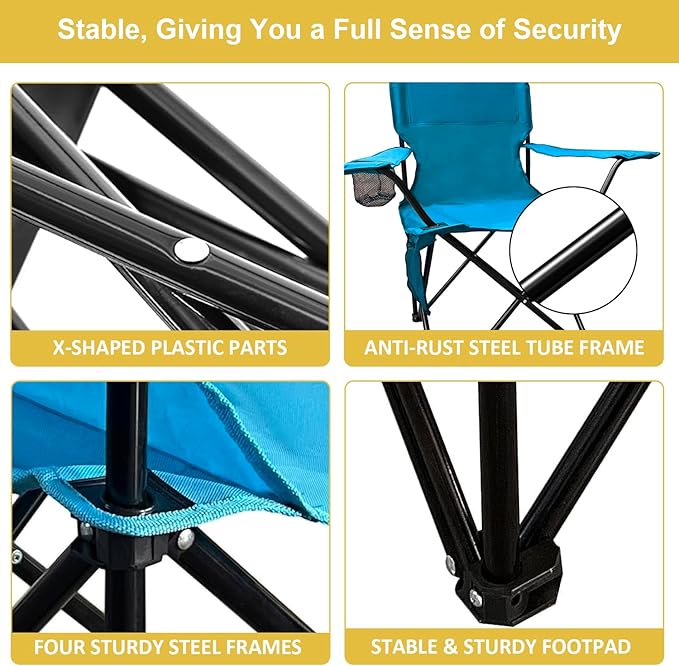 Folding Camping Chair with Cup Holder & Storage Bag, 225lbs Capacity, Large Anti-Sink Feet, Breathable PE Coated Fabric for Outdoor, Hiking, Beach, Fishing, Backpacking, Blue
