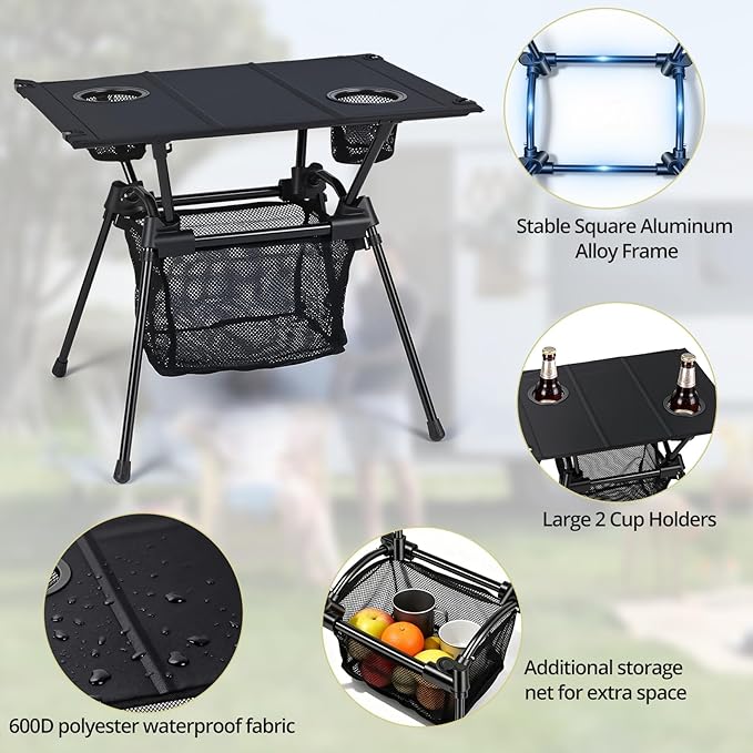 Anbte Ultralight Portable Camping Table, 3.2lb Folding Camping Table with Cup Holders & Storage Net, 20in Height for Camping Hiking Tailgating Beach Picnic Travel Patio, 23" x 16", Black