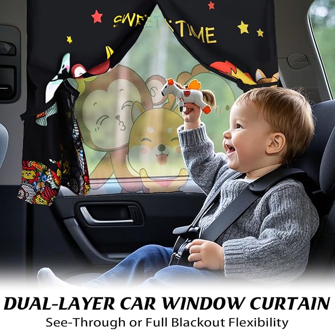 Car Window Shades for Baby, 2 Pack Magnetic Double Layer Car Sun Shade Baby with Storage Pockets, Adjustable Privacy Blackout/See-Through Cartoon Pattern Window Curtains for Kids UV Protection
