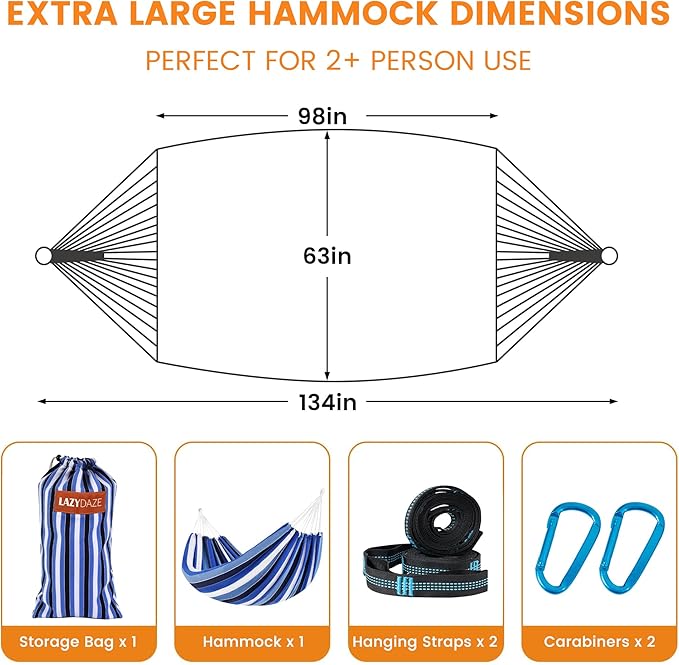 Lazy Daze Hammocks Double Brazilian Cotton Hammock, Extra Large Portable Outdoor Camping Hammock with Tree Straps & Travel Bag for Backyard Patio Poolside Indoor, 550lbs Capacity, Blue