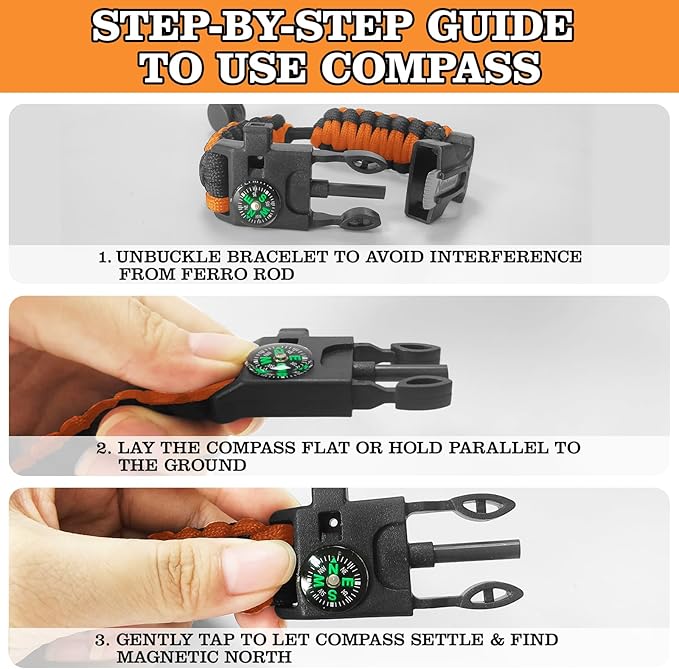 Paracord Survival Bracelet (3 Pack) - Adjustable with Fire Starter, Whistle, Compass - Survival Gear for Hiking, Camping, Fishing, Gifts for Men Dad Husband