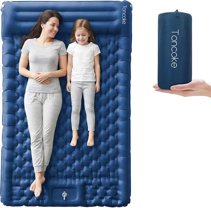 Toncoke 5.1" Thick Double Sleeping Pad with Foot Pump & Pillow, 77.5x53.9 2-Person Air Mattress for Camping, Ultralight & Compact for Backpacking, Hiking, Car Travel Navy Blue
