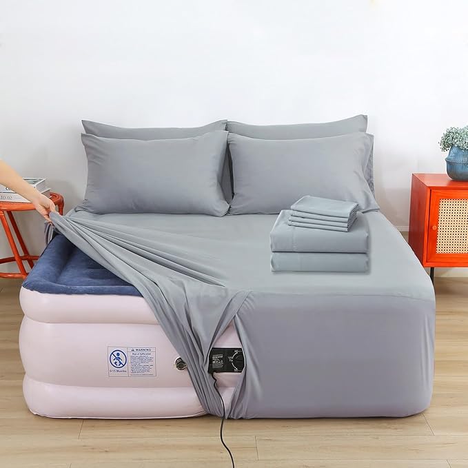 Air Mattress Sheet Set Queen Size,6 Piece Deep Pocket Bed Sheet Set for 16-24 Inch Air Bed,Easy Inflate Access,Perfect for Guest Room, RV, Camping,Gray