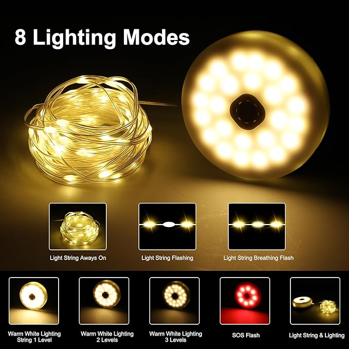 SMY Lighting 4 in 1 Solar Camping String Lights, 42.6Ft Ultra Long String with 160LEDs, Solar Powered and USB Rechargeable Light with Remote Control, Portable Camping Light for Hiking, Decorations