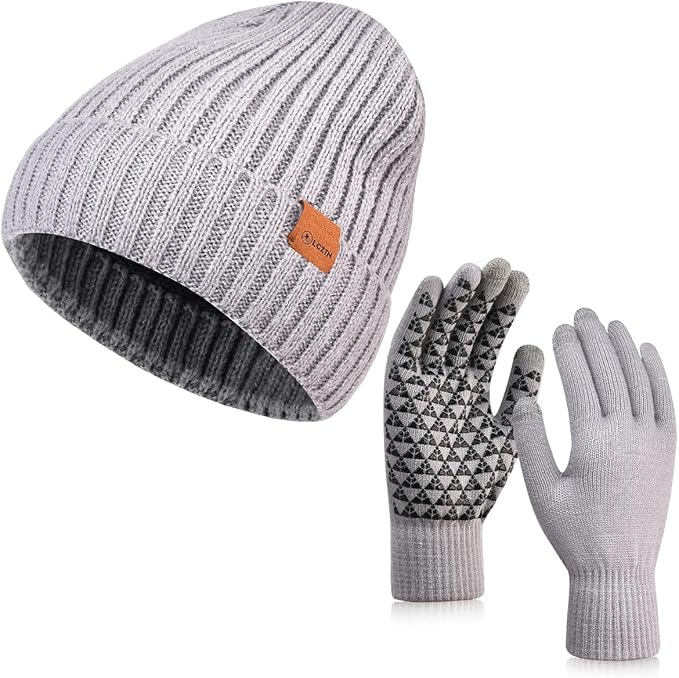 LCZTN Winter Beanie Hat and Touchscreen Gloves Set for Men and Women,Beanie Gloves Set with Warm Knit Fleece Lined