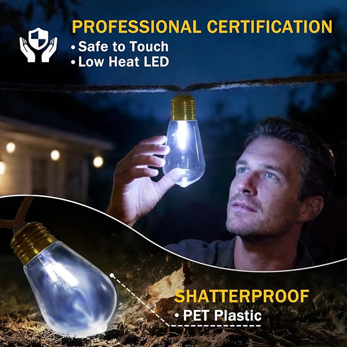 (New) Outdoor String Lights, 24FT Hemp Rope LED Patio Lights, Waterproof 8 Modes Plug-in Edison Bulb Lights for Backyard, Garden, Porch, Wedding, Christmas Decor