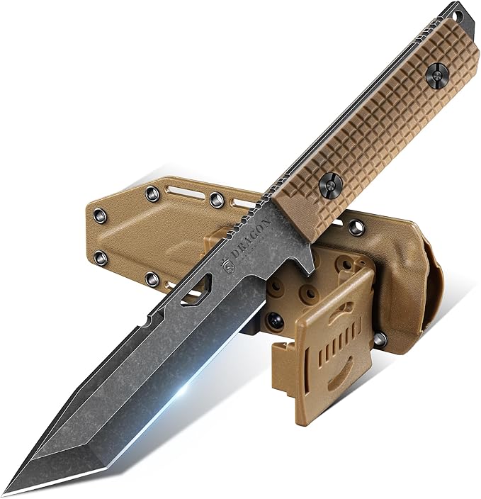Dragon Creek Tactical Knife Kydex - Outdoor Survival Knife with Sheath D2 Steel Blade G10 Full Tang Handle for Camping Hiking Christmas Thanksgiving Gift Men Brown